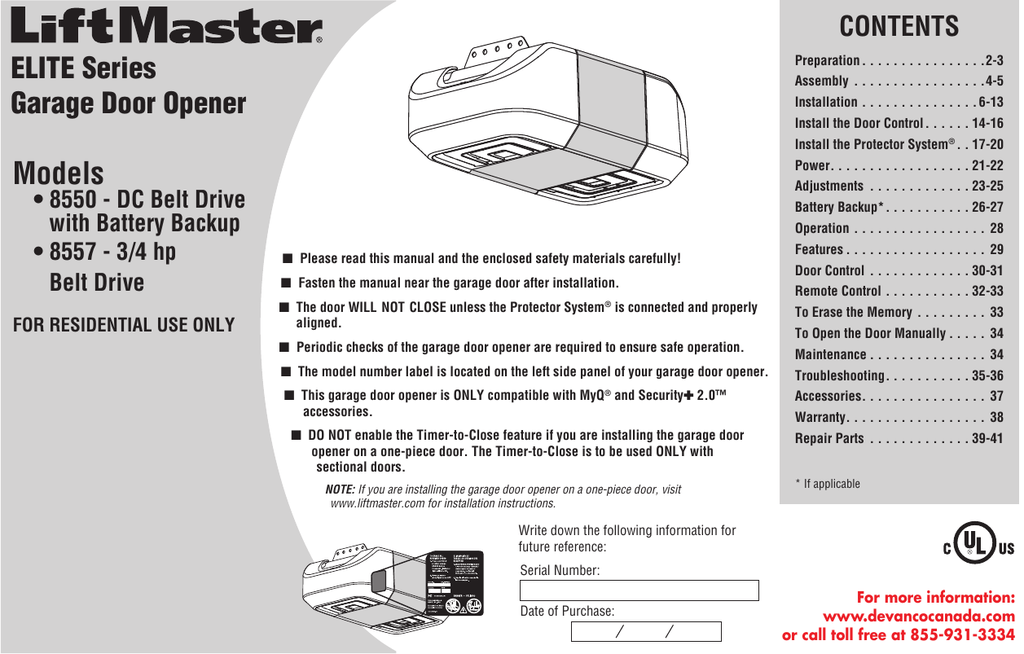 Liftmaster 8550 8550 485 Residential Garage Door Manualzz Com