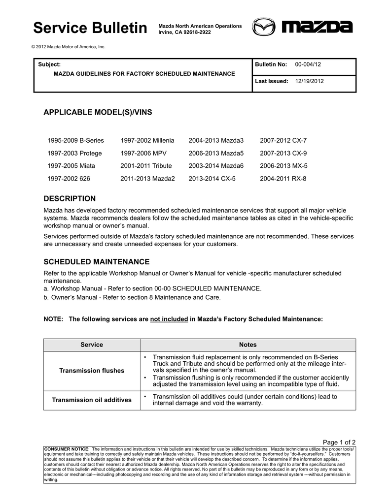 multi-model - mazda guidelines for factory scheduled maintenance | manualzz.com
