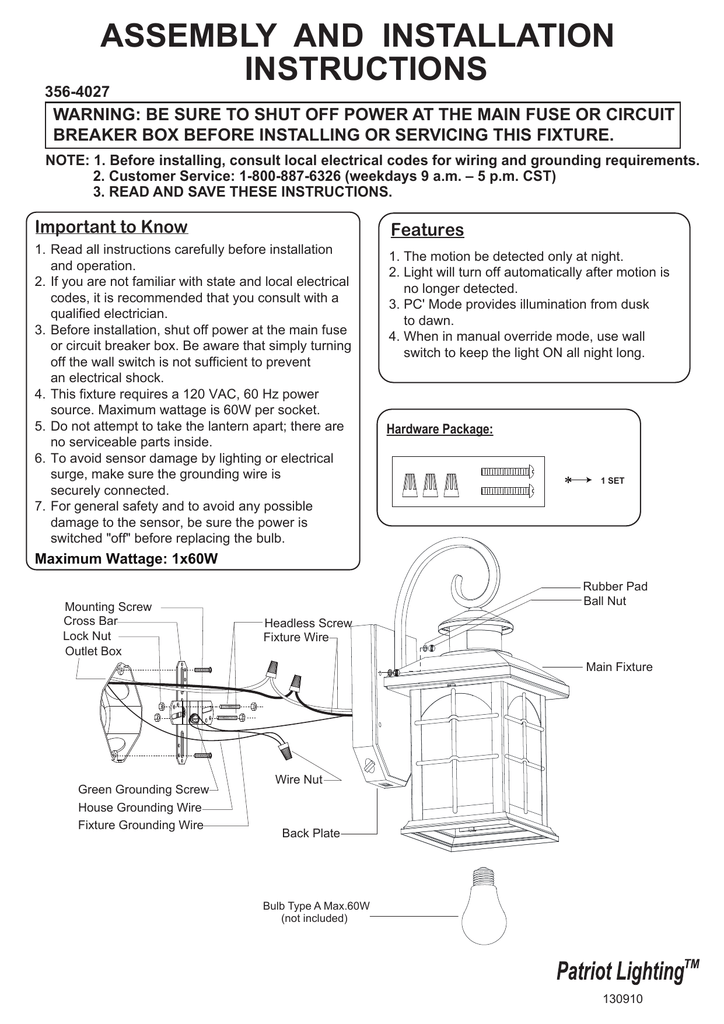 Patriot Lighting 130910 Assembly And Installation Instructions | Manualzz  Patriot Lighting Wiring Diagram With Dimmer    Manualzz