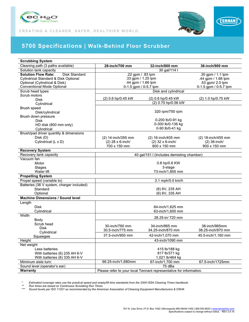 Tennant 5700 Walk Behind Floor Scrubber Spec Sheet Manualzz