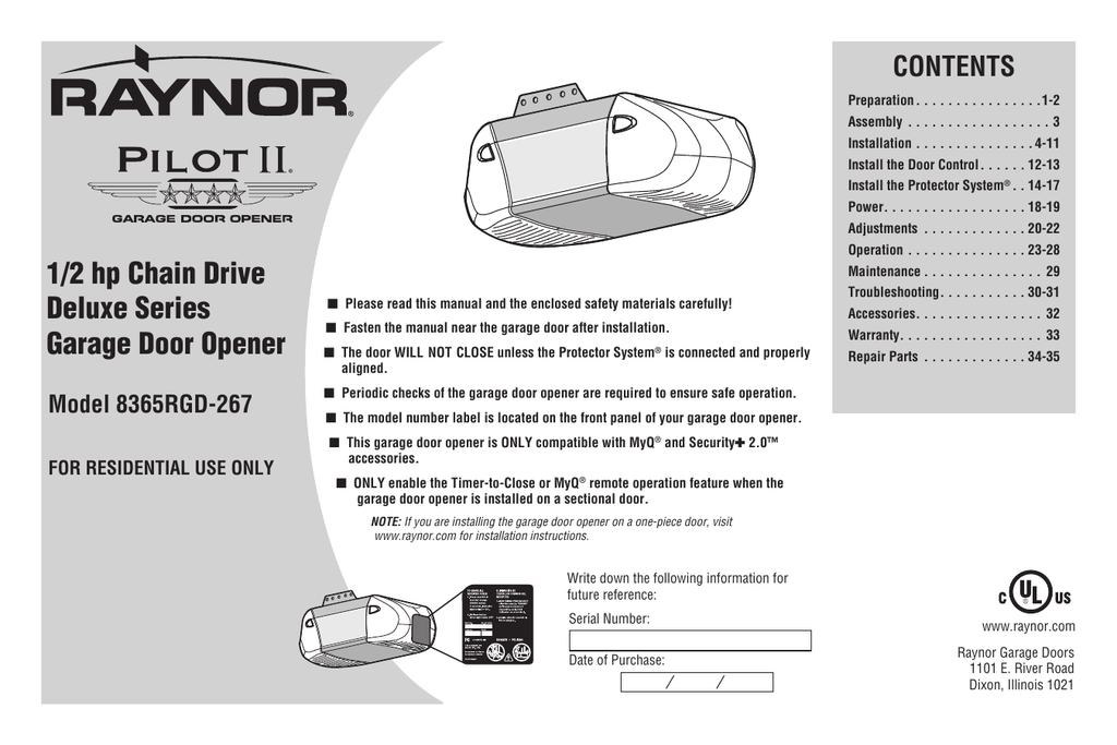 Raynor 8165RGD CONTRACTOR Series Corporal II Installation and User