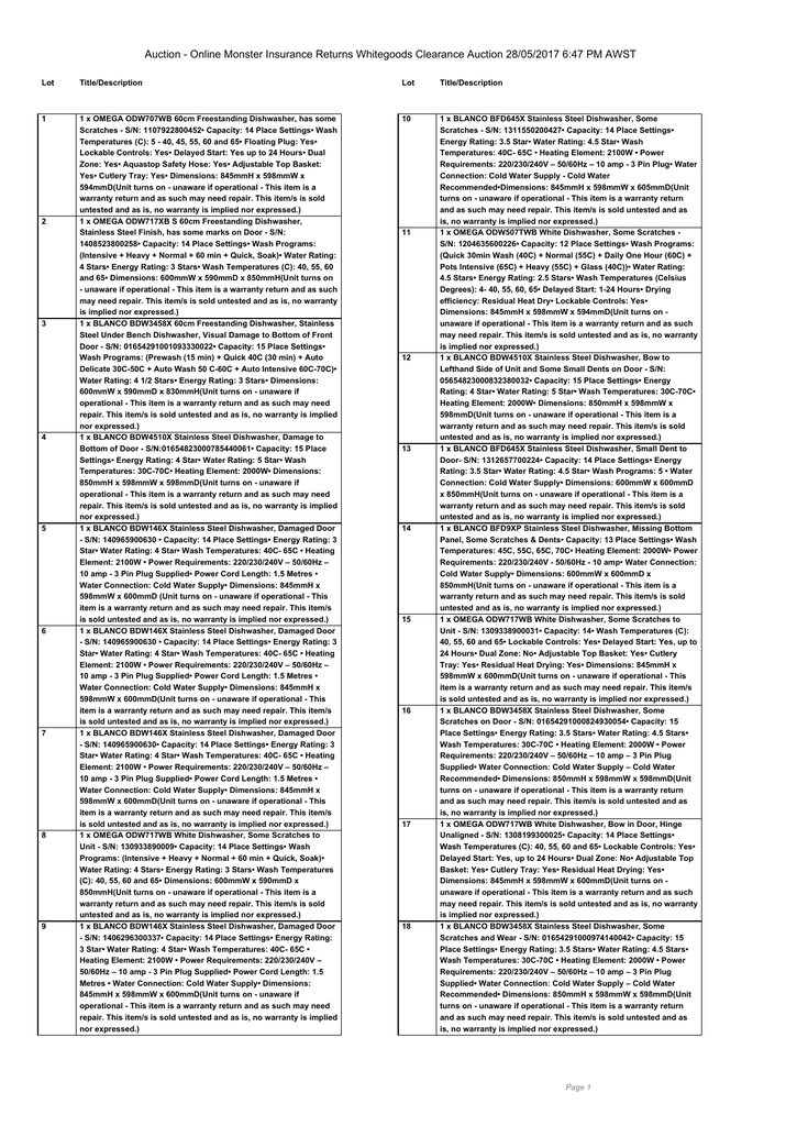 omega 60cm freestanding dishwasher