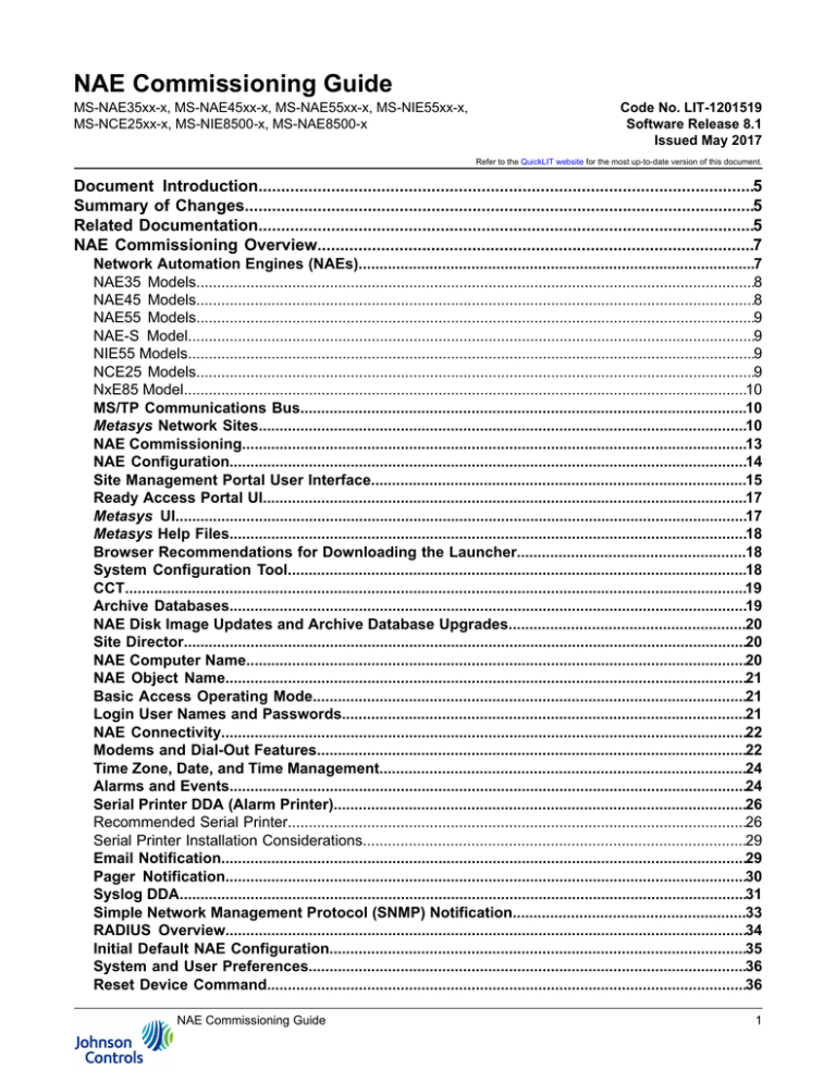 NAE Commissioning Guide - Johnson Controls | Product Information | Manualzz