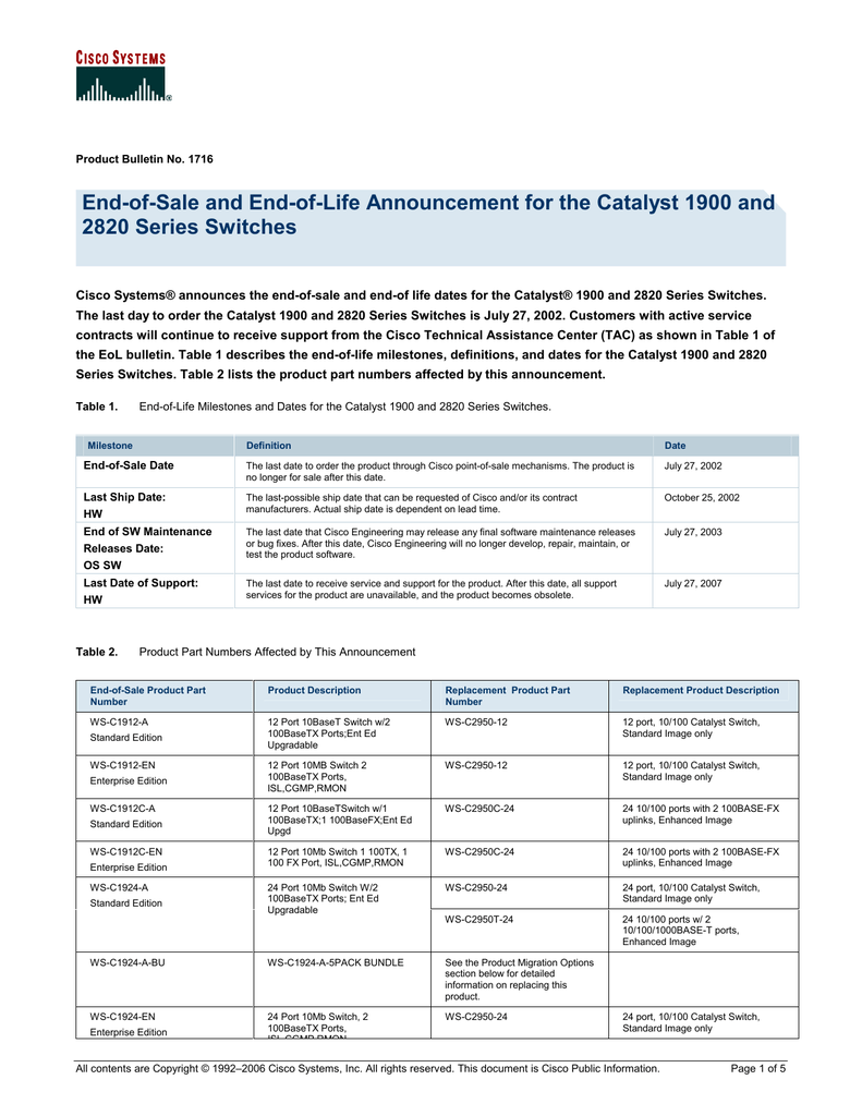 cisco 2950 switch end of life