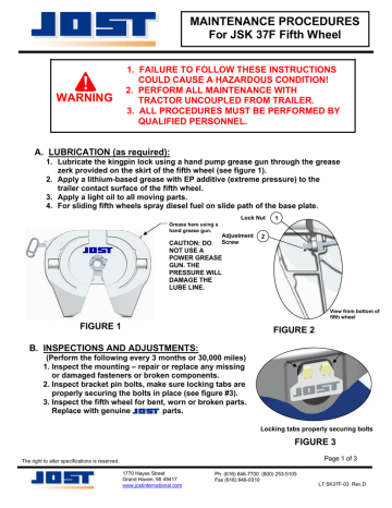 WARNING MAINTENANCE PROCEDURES For JSK 37F Fifth Wheel | Manualzz