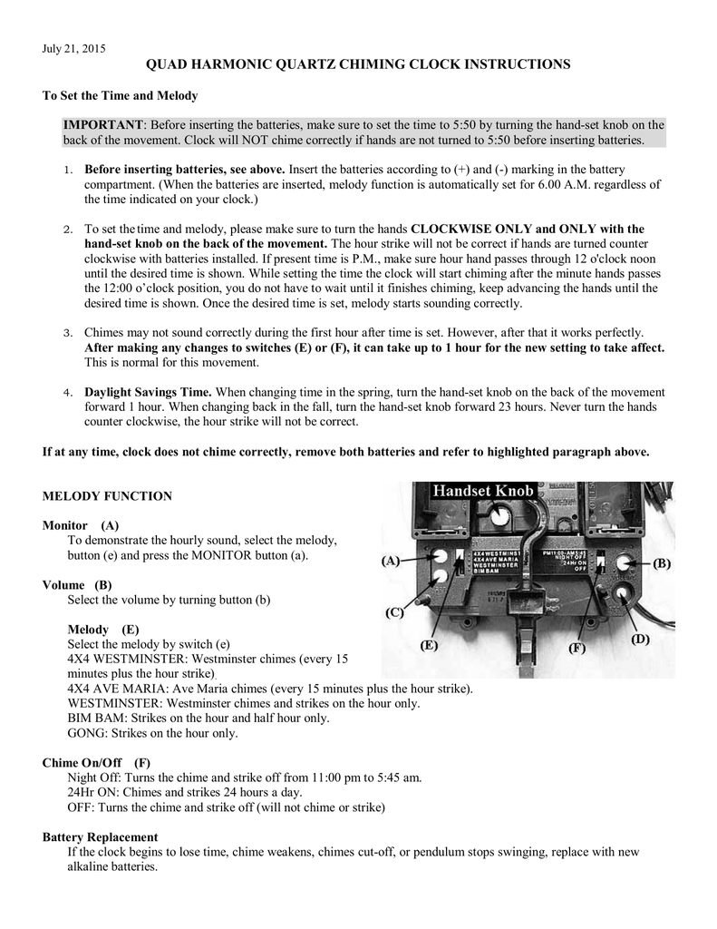quad harmonic quartz chiming clock instructions | Manualzz