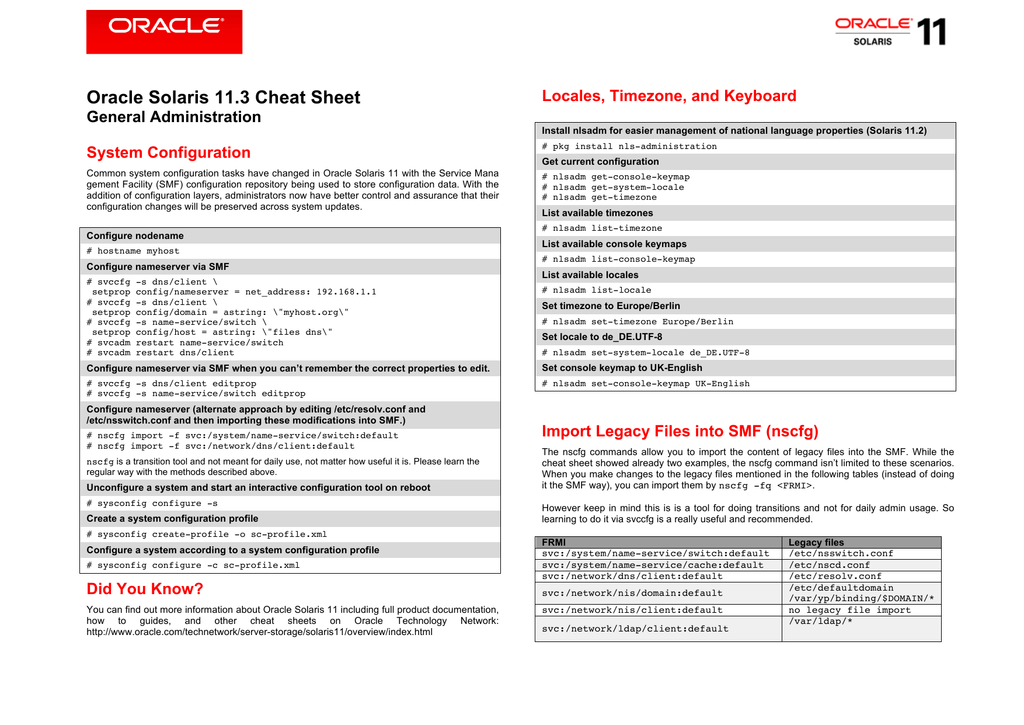 Oracle Solaris 11 3 Cheat Sheet Manualzz