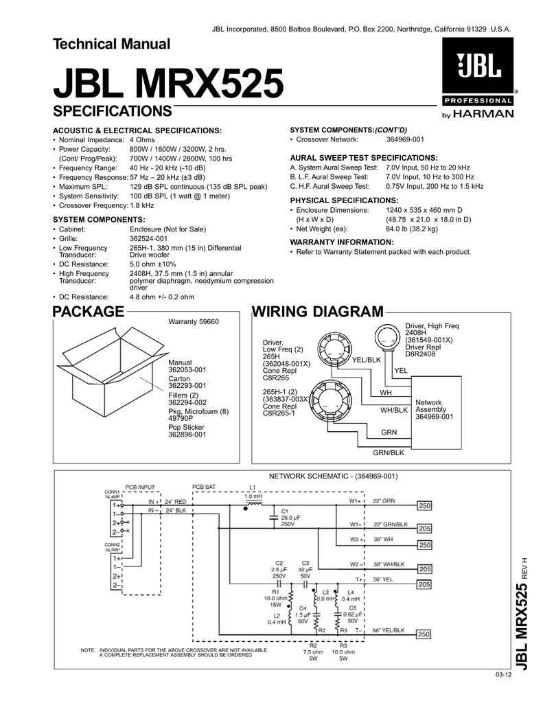 オーディオ機器 スピーカー Technical Manual JBL MRX525 SPECIFICATIONS | Manualzz