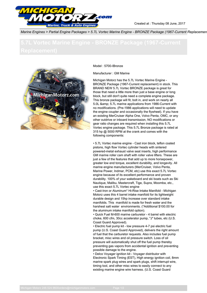 5.7L Vortec Marine Engine - BRONZE Package | Manualzz | Volvo Penta Wiring Harness Michigan Motorz | | manualzz