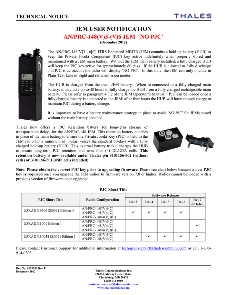 JEM USER NOTIFICATION AN/PRC-148(V)3 | Manualzz
