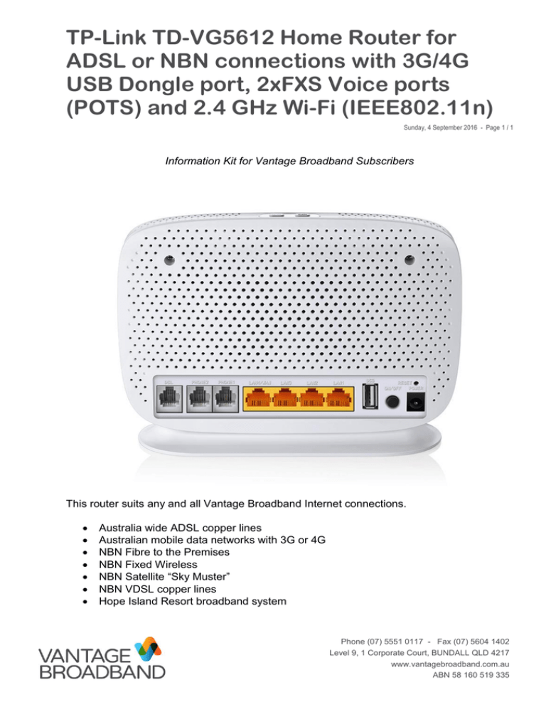 TP-Link TD-VG5612 Home Router for ADSL or NBN connections | Manualzz