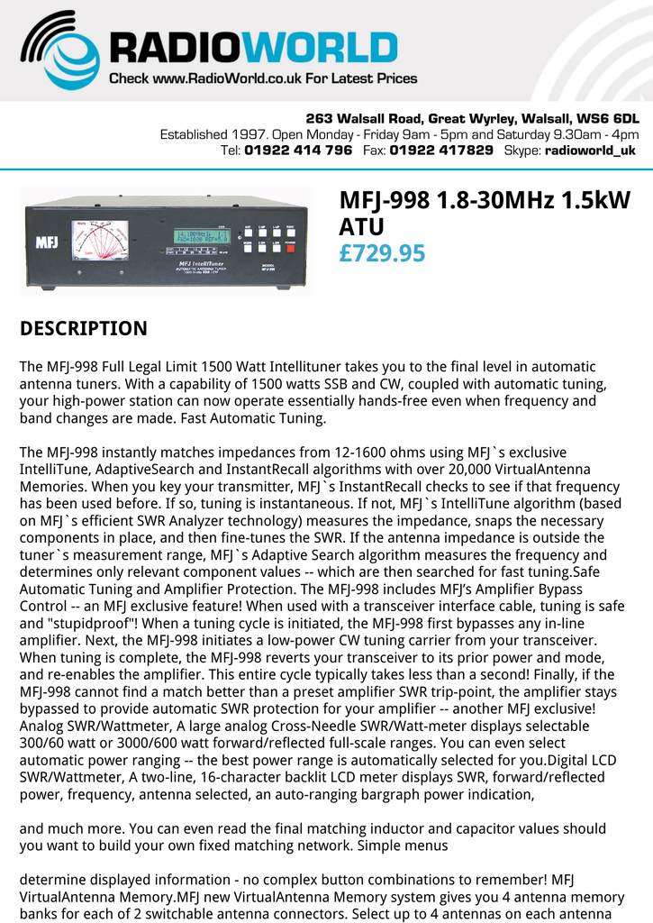 MFJ MFJ998 1.5kW 1.8-30MHz AUTO TUNER with METER//LCD DISPLAY