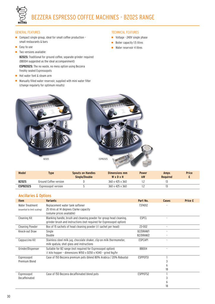 bezzera espresso coffee machines - bz02s range | Manualzz