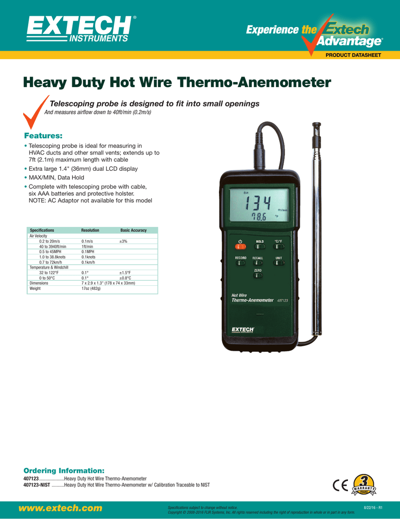EXTECH Anemometer Hot Wire And Thermistor, Dual LCD, 40 To, 46 OFF
