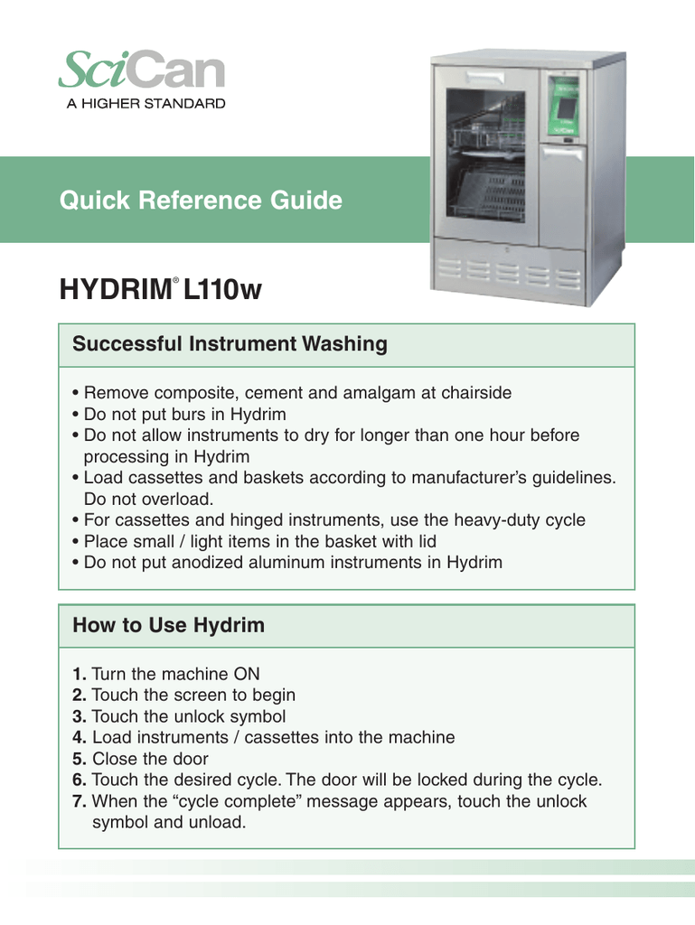 Scican Hydrim L110w Quick Reference Manual Manualzz