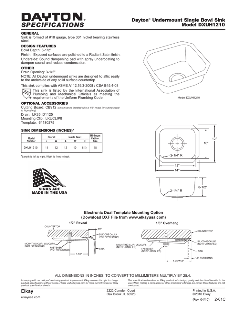 Elkay DXUH1210 Specification | Manualzz