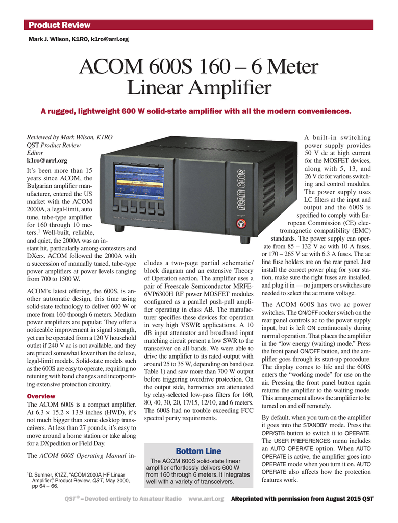 ACOM 600S 160 – 6 Meter Linear Amplifier | Manualzz