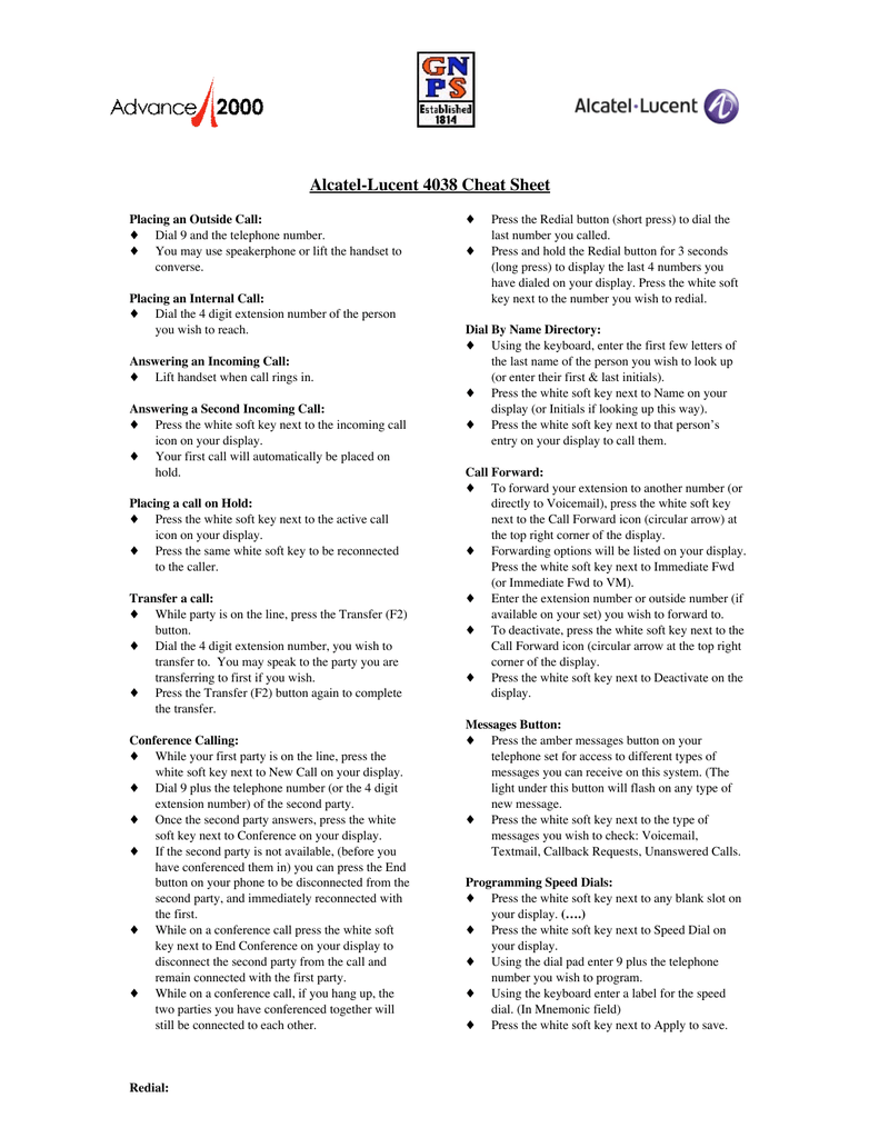 Alcatel Lucent 4038 Cheat Sheet Manualzz