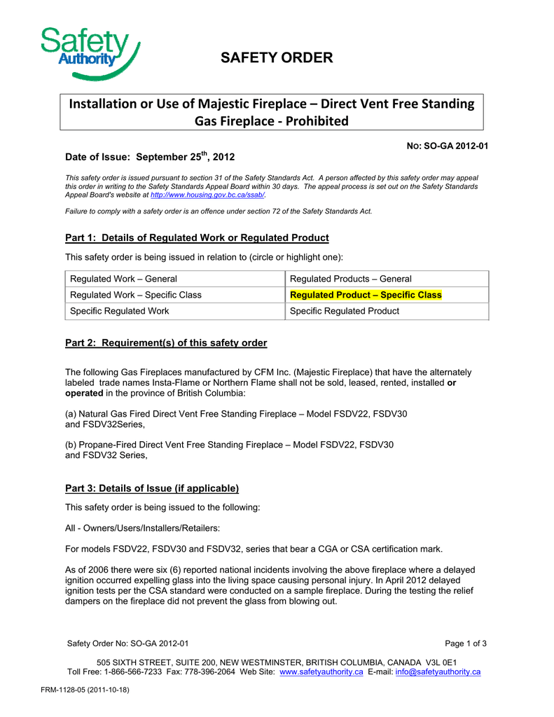 Safety Order Installation Or Use Of Majestic Fireplace Direct
