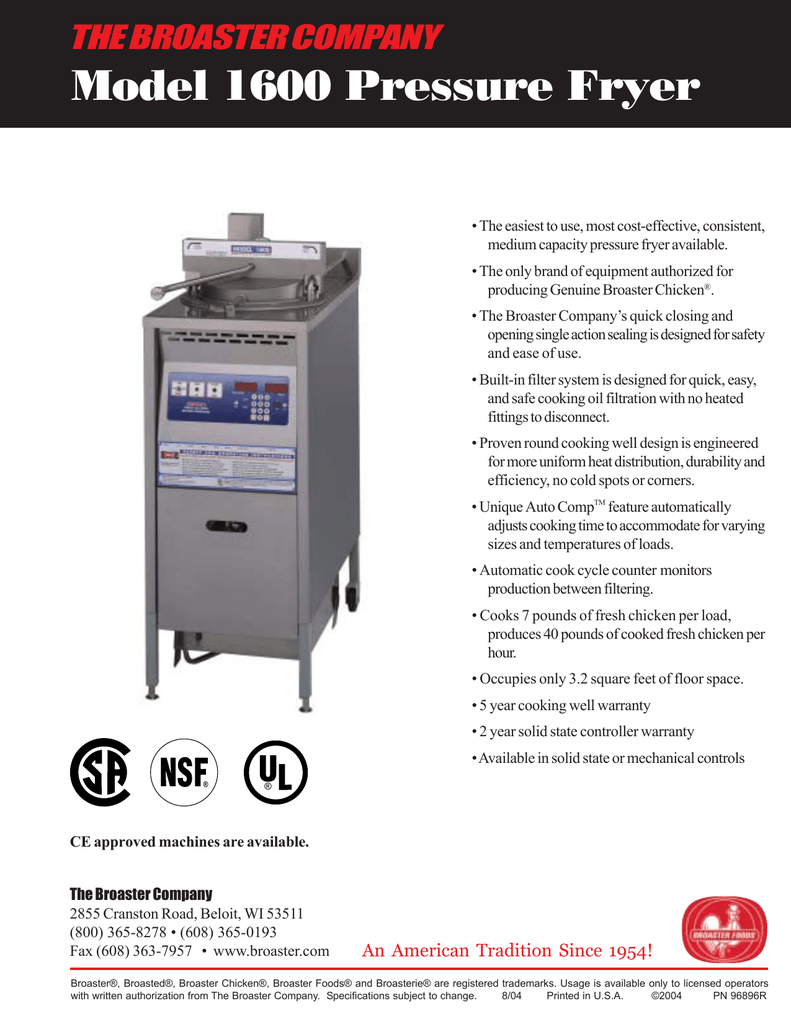 Broaster 1600 Pressure Fryer - Broaster Equipment