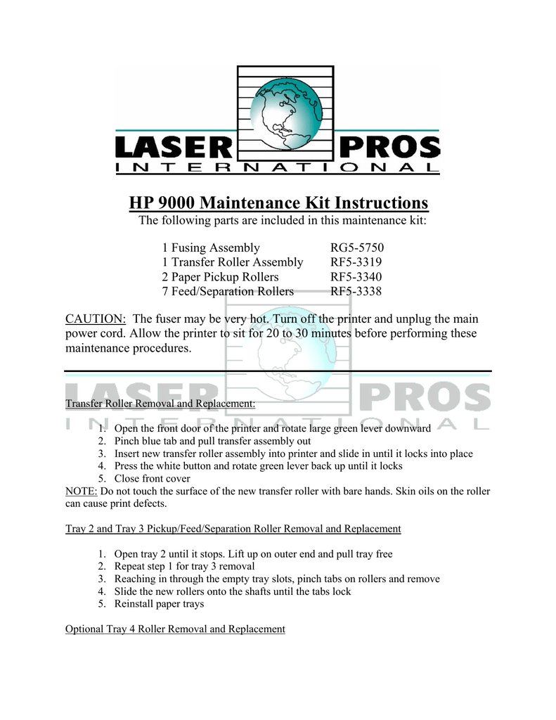 HP LaserJet 9000 Maintenance Kit Instructions