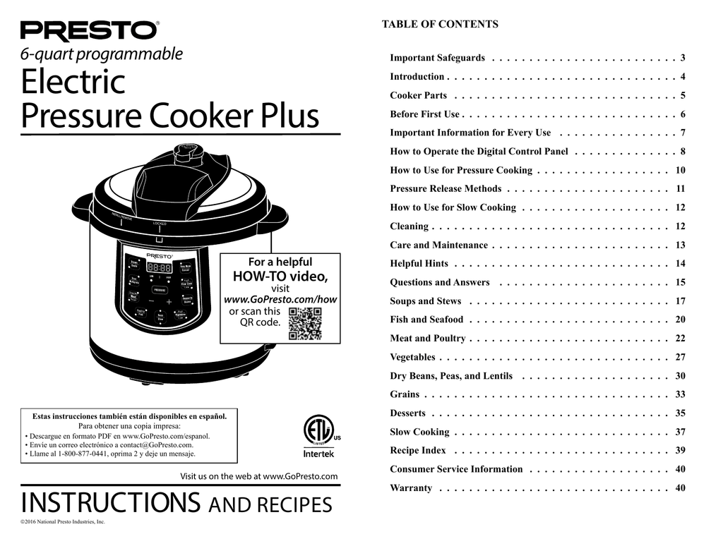 Presto Electric Pressure Cooker Plus Instructions And Recipes Manual 