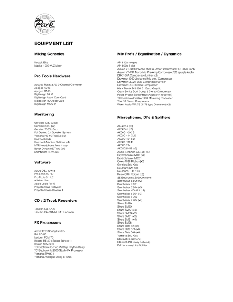Equipment List The Park Studios Manualzz