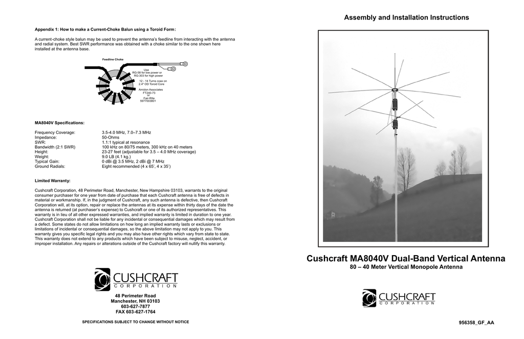Cushcraft MA8040V DualBand Vertical Antenna Manualzz