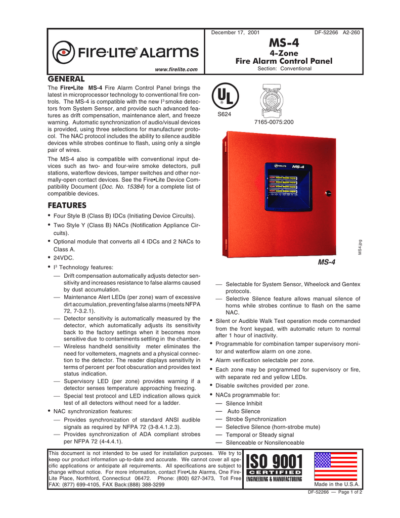 General Features 4 Zone Fire Alarm Control Panel Manualzz