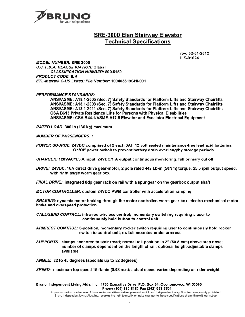 SRE-3000 Elan Stairway Elevator Technical Specifications | Manualzz