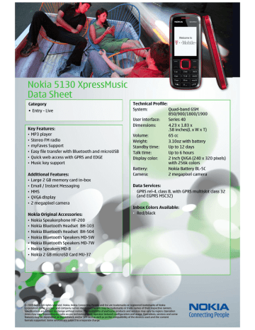 Nokia 5130 XpressMusic Data Sheet | Manualzz