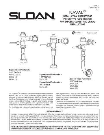 Sloan Naval Piston Type Exposed Flushometer Installation Instructions ...