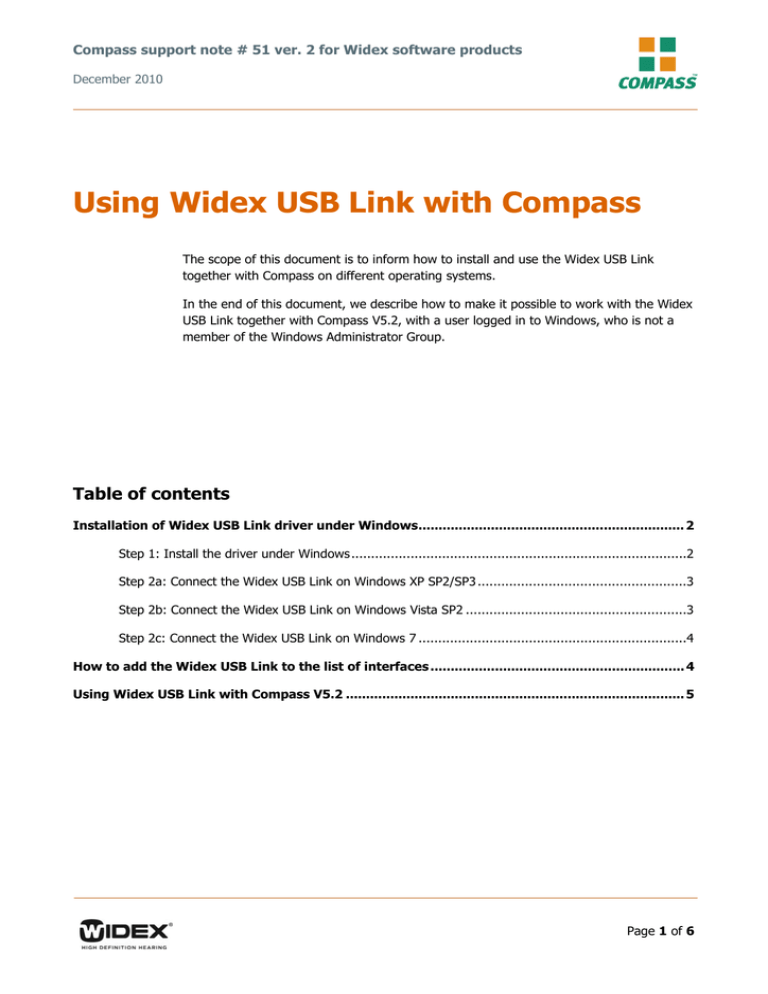 Using Widex USB Link with Compass Manualzz
