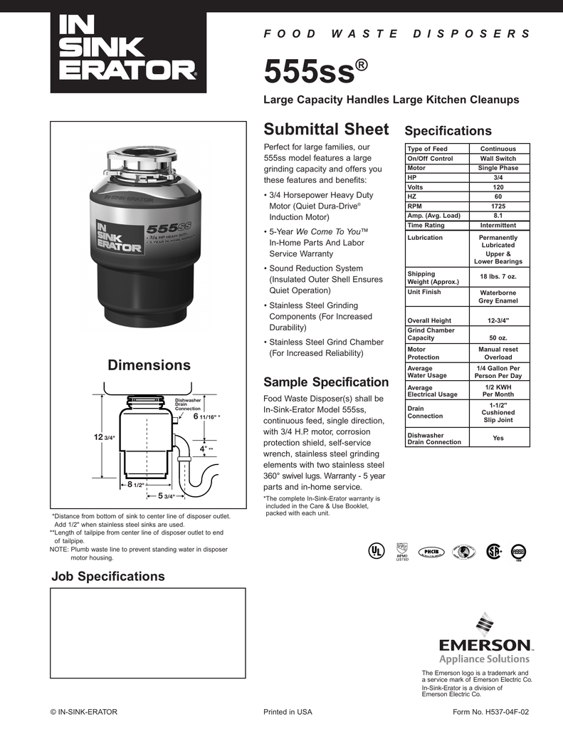 InSinkErator | 555ss® Food Waste Disposer Specifications | Manualzz