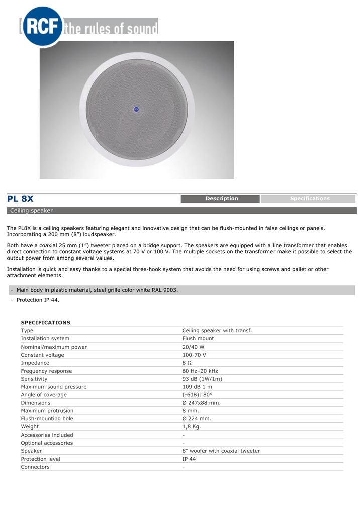 Rcf Pl 8x Ceiling Speaker Manualzz Com