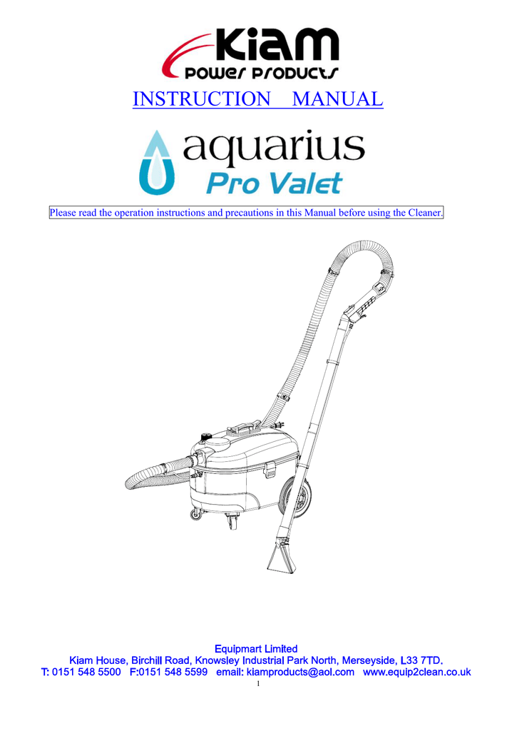 Aquarius Pro Valet Carpet Cleaner Parts List