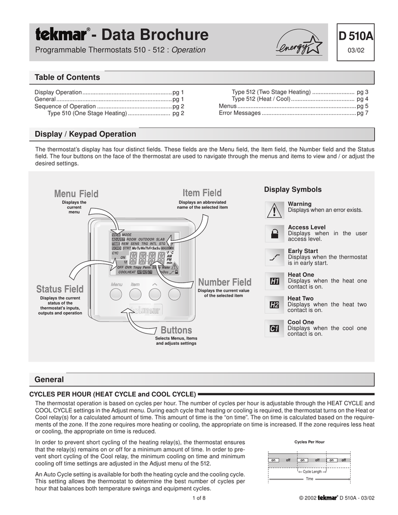 Tekmar 510-512 T-Stat Manual | Manualzz