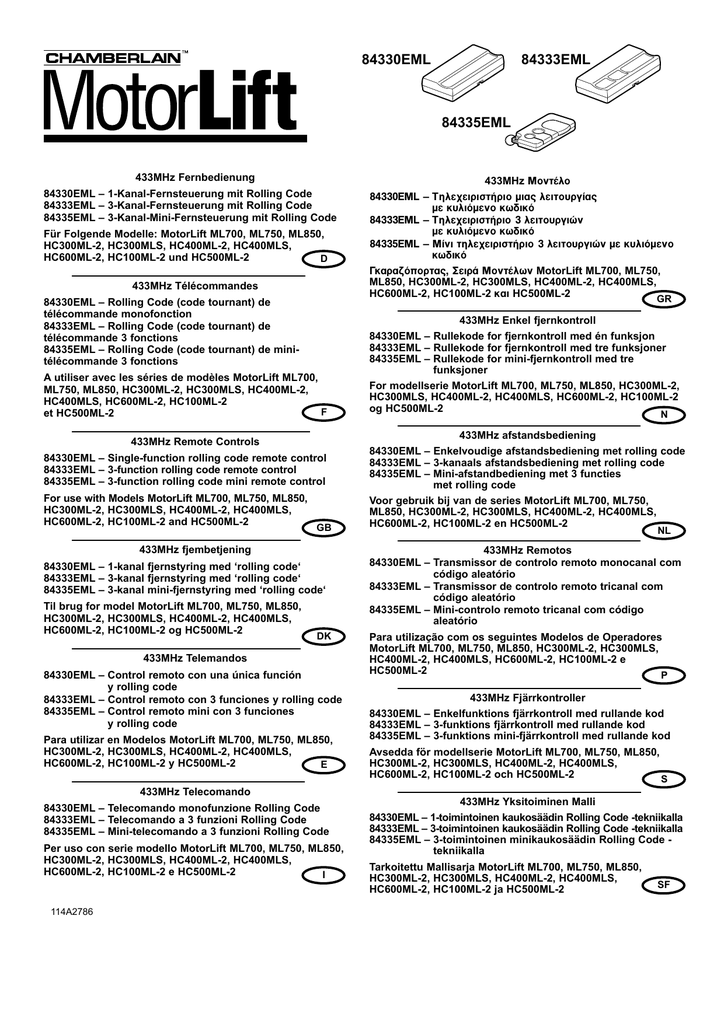 Chamberlain Motorlift 8xxxe Series Chamberlain 8xxxe Series Bedienungsanleitung Manualzz