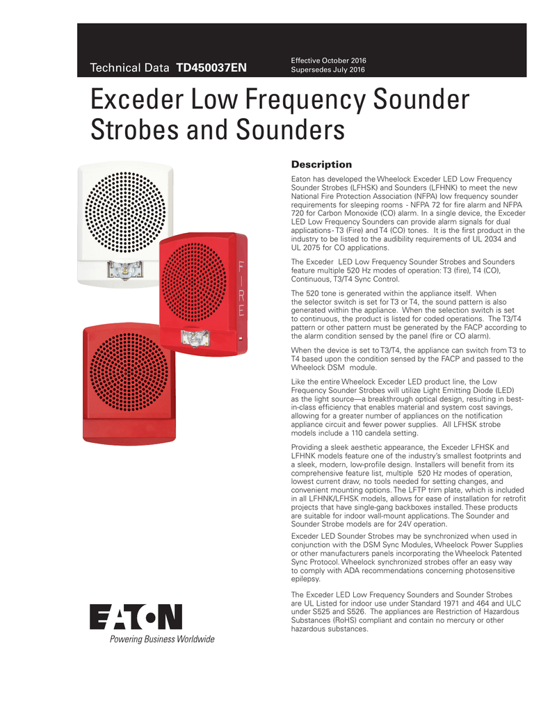 Wheelock Exceder LED Low Frequency Sounder Spec Sheet Manualzz