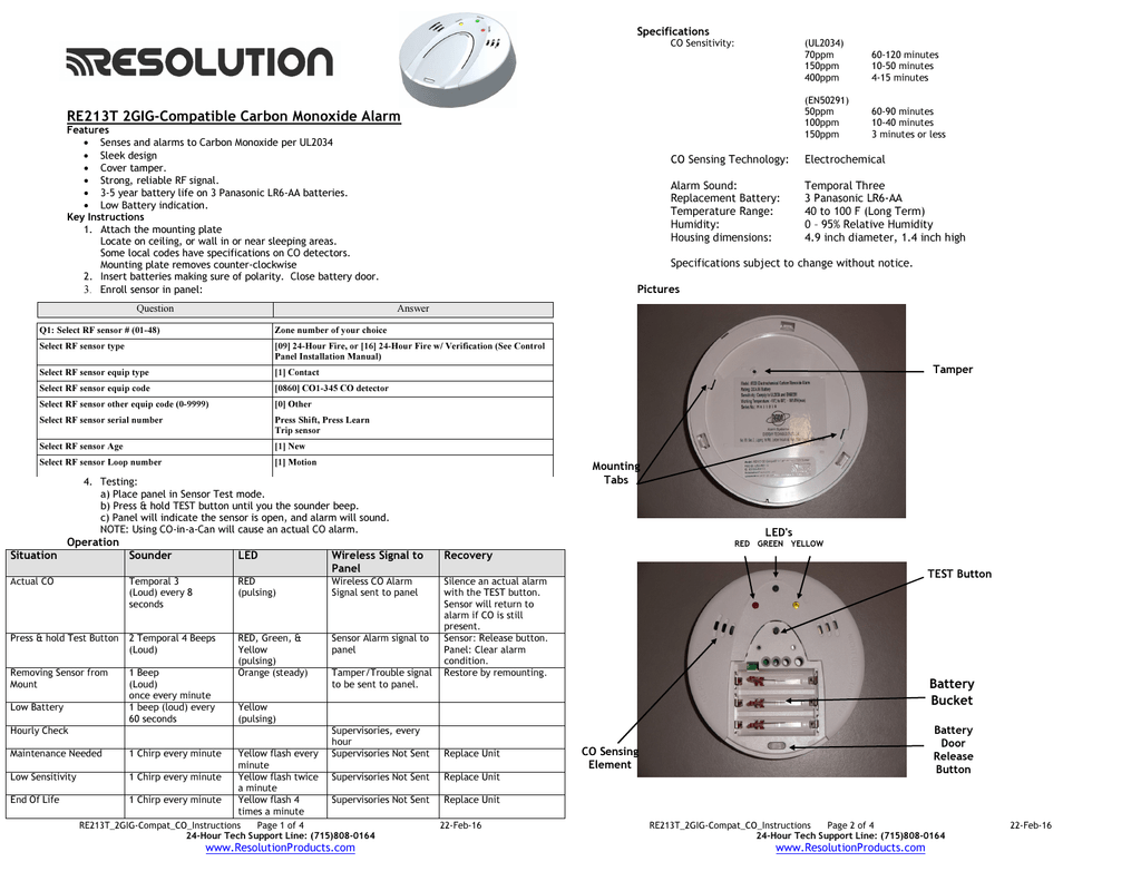 Re213t 2gig Compatible Carbon Monoxide Alarm Manualzz Com