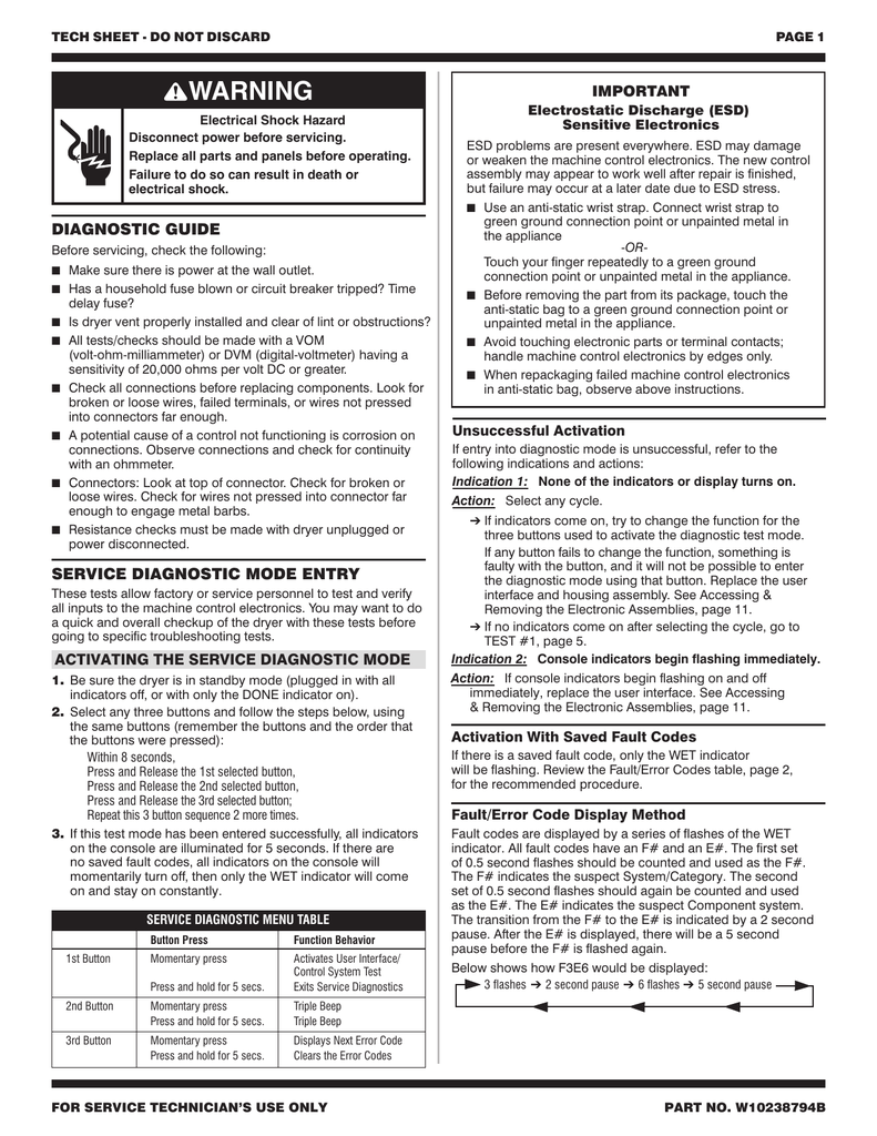 Whirlpool WED9150WW0 Tech Sheet W10238794 | Manualzz