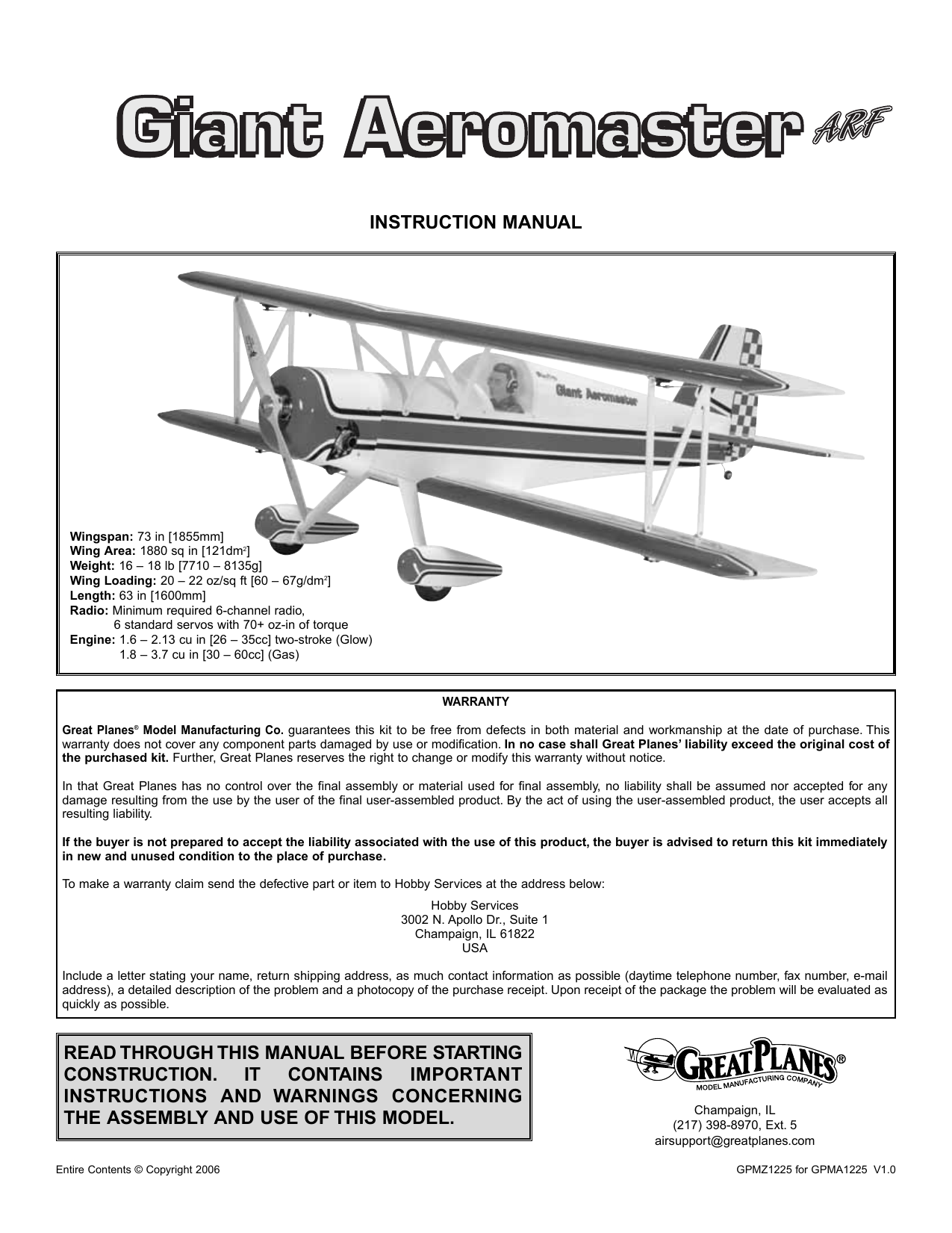 GREAT PLANES Giant Aeromaster ARF Instruction Manual | Manualzz