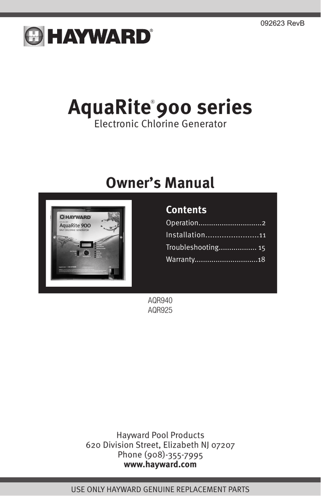 Aquarite 900 Series Manualzz