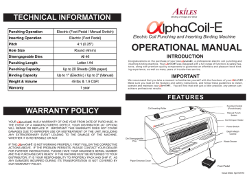 Akiles AlphaCoil-E Binding Machine Operational Manual | Manualzz