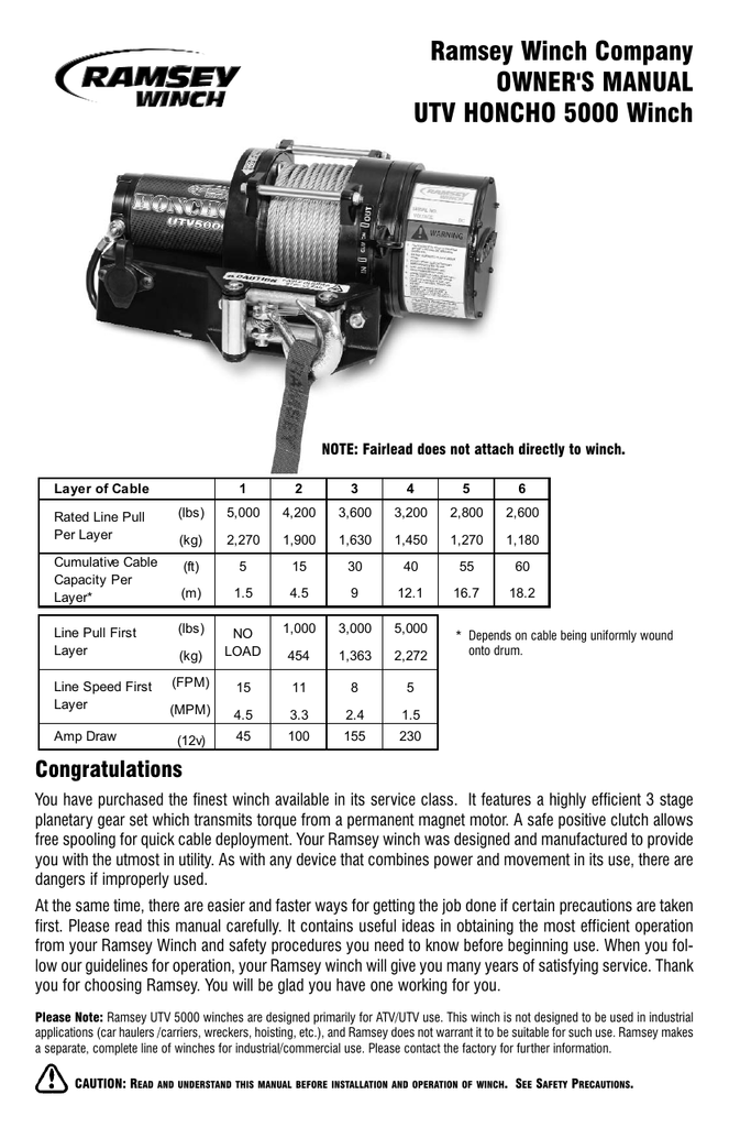 HONCHO UTV 5000 R HONCHO UTV 5000 Owner's manual Ramsey Winch
