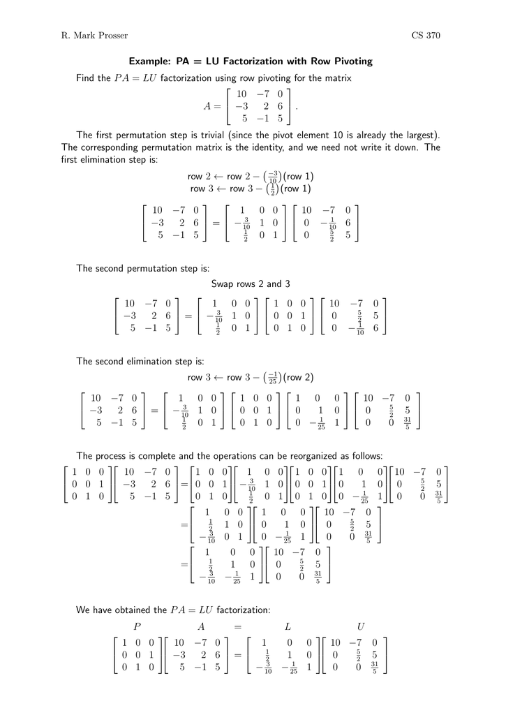 Example Pa Lu Factorization With Row Pivoting Find The Pa Lu Manualzz