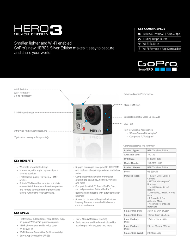 Smaller Lighter And Wi Fi Enabled Gopro S New Hero3 Silver Manualzz