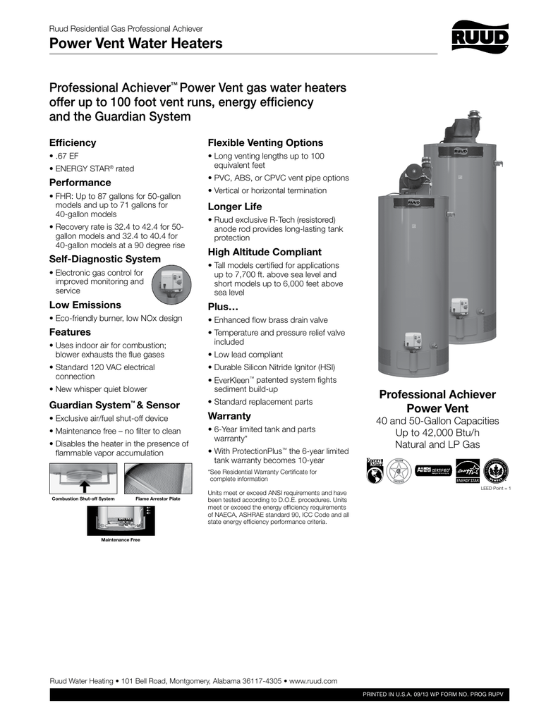 Ruud PROG40-40N RU67 PV Professional Achiever® 40 gal. Tall 40 MBH  Residential Natural Gas Water Heater Specification | Manualzz