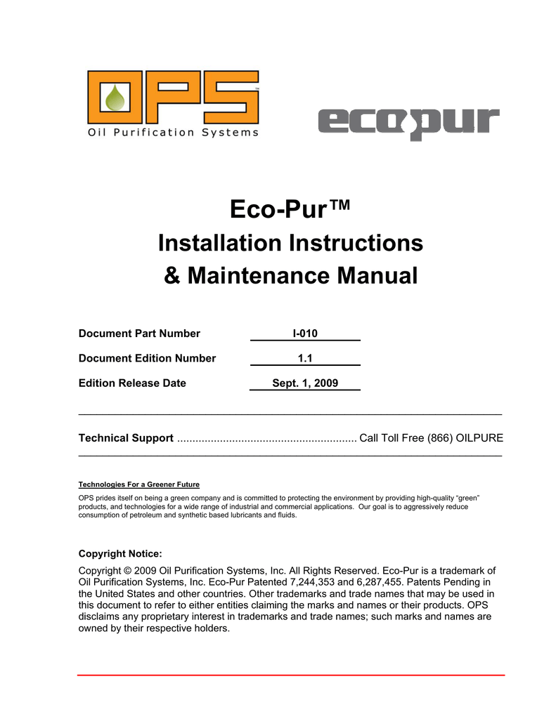 EcoPur Installation oil purification systems Manualzz