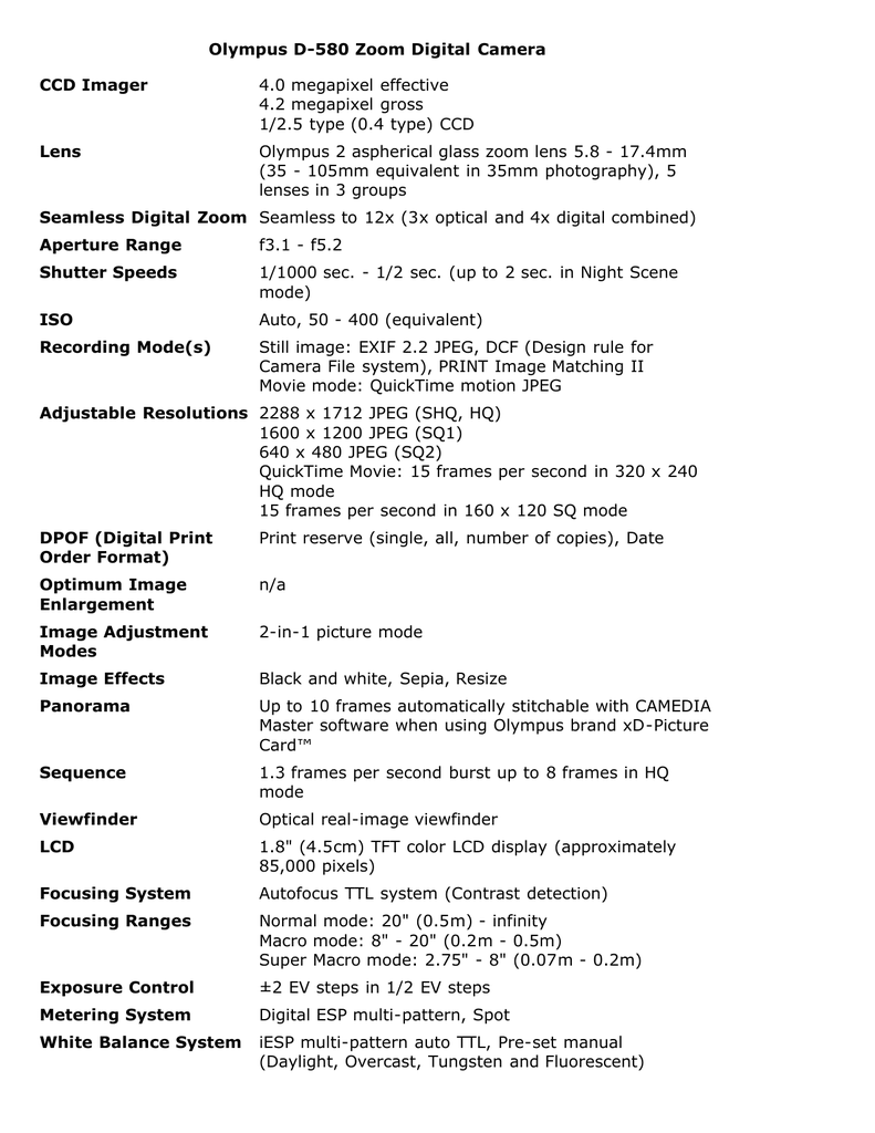 Olympus D-580 Zoom Digital Camera CCD Imager 4.0 megapixel | manualzz.com